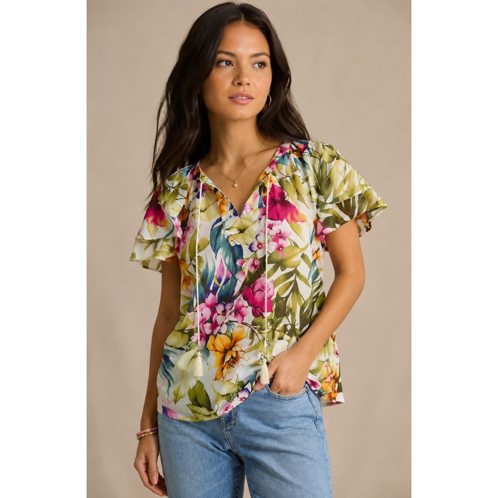 Tommy Bahama Verde Blooms Flutter Sleeve Top SW321562 Vanilla Ice Floral Silk M